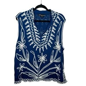 ONCE AGAIN / blue white embroidered floral sleeveless tank top / 3X